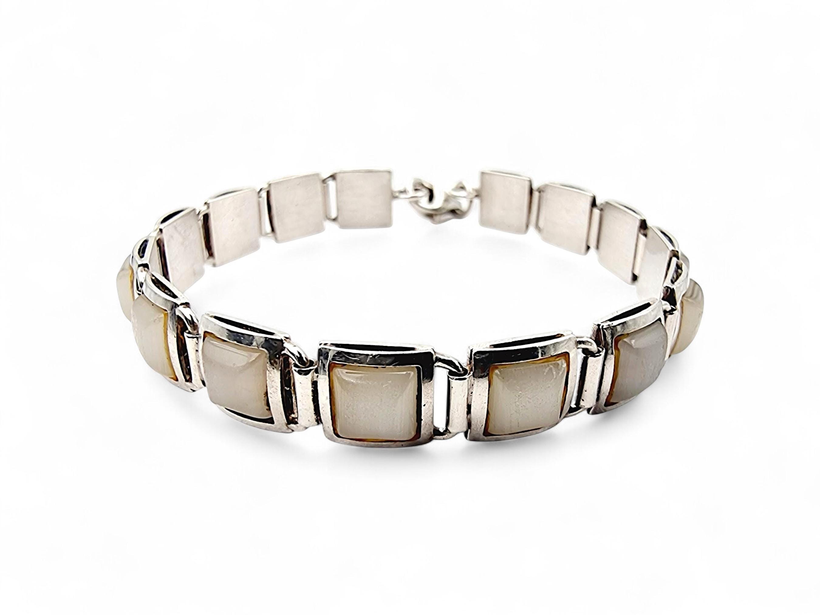 Vintage 925 Sterling Silver Bracelet With Square Mother of Pearl