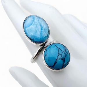 Vintage Double Turquoise Silver Ring, Bohemian Statement Jewelry, Size 59