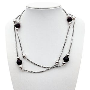 Elegant Sterling Silver Necklace with Deep Red Beads and Polished Spheres,signed KJ