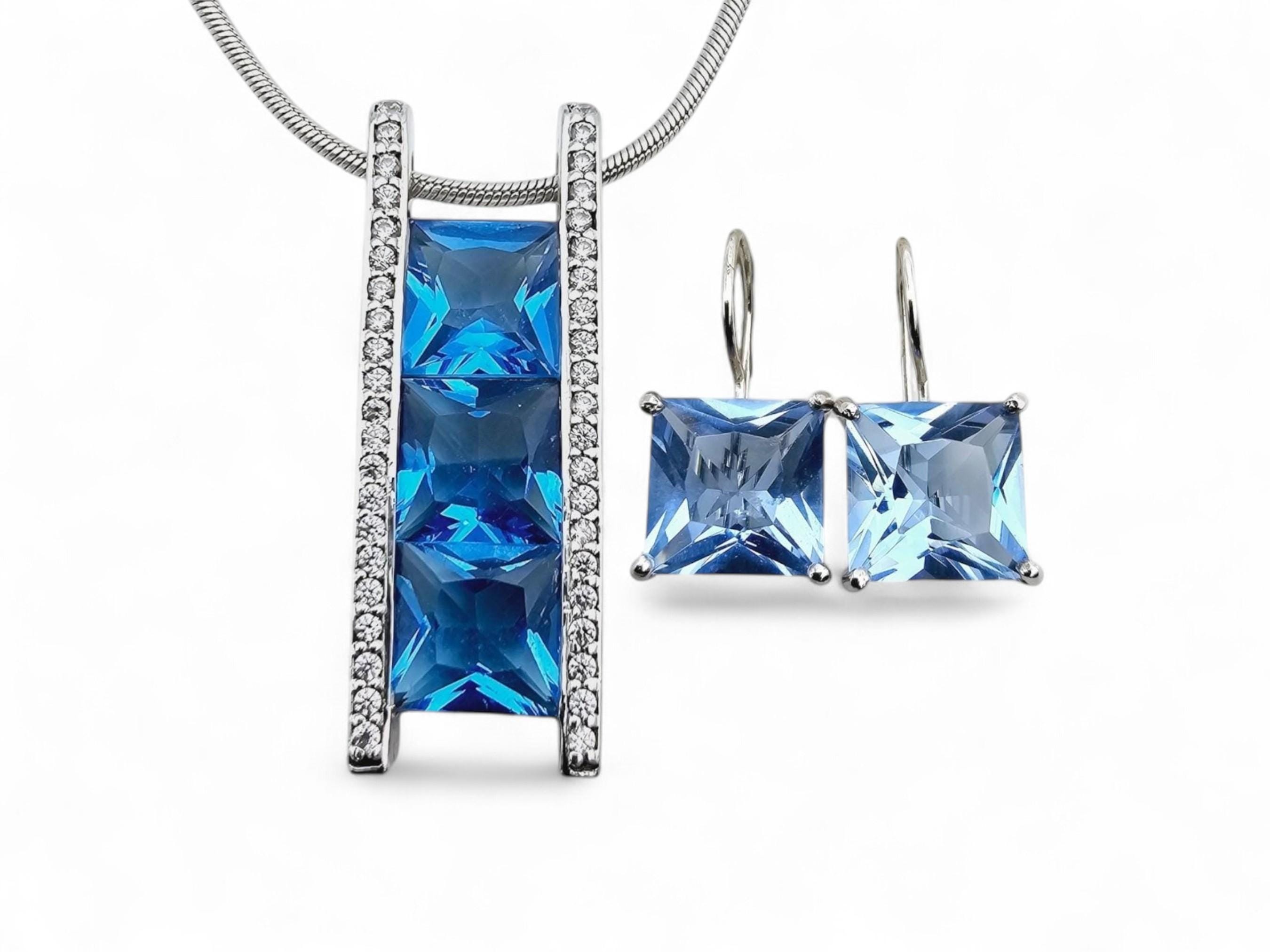 Vintage Sterling Silver Necklace and Earrings Set With Blue Stones