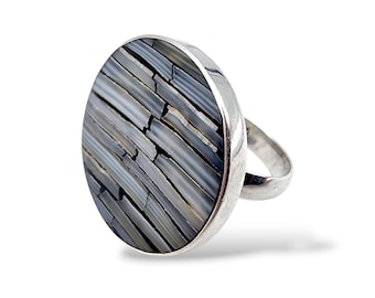 Anillo modernista vintage de plata 925 con mosaico de ágata gris, anillo llamativo hecho a mano, diseño artesanal de los años 70, talla EU 59 (US 8.75)