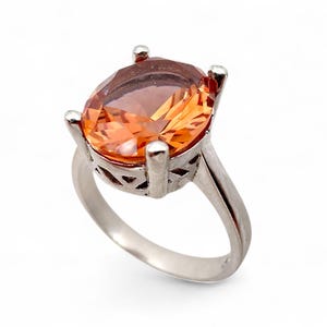 エレガントなスターリングシルバーリング、鮮やかなオレンジ色の宝石付き - ヴィンテージスタイル、サイズ56（USサイズ7.5）