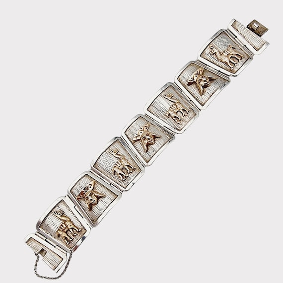 Vintage Peruvian Silver Bracelet With Gold-tone Llama  display picture 2