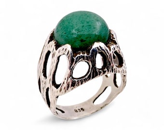 Vintage Silver Aventurine Ring - Brutalist Design Ring - 835 Silver Organic Ring - Modernist Ring, Size 55