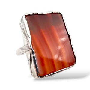 ヴィンテージ シルバー カーネリアン リング | 1970年代 長方形 縞模様 アゲート ステートメントリング | (EU 55 / US 7.25)