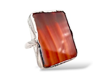 Anello vintage in argento con corniola | Anello importante in agata rettangolare con fascia anni '70 | (EU 55 / US 7,25)