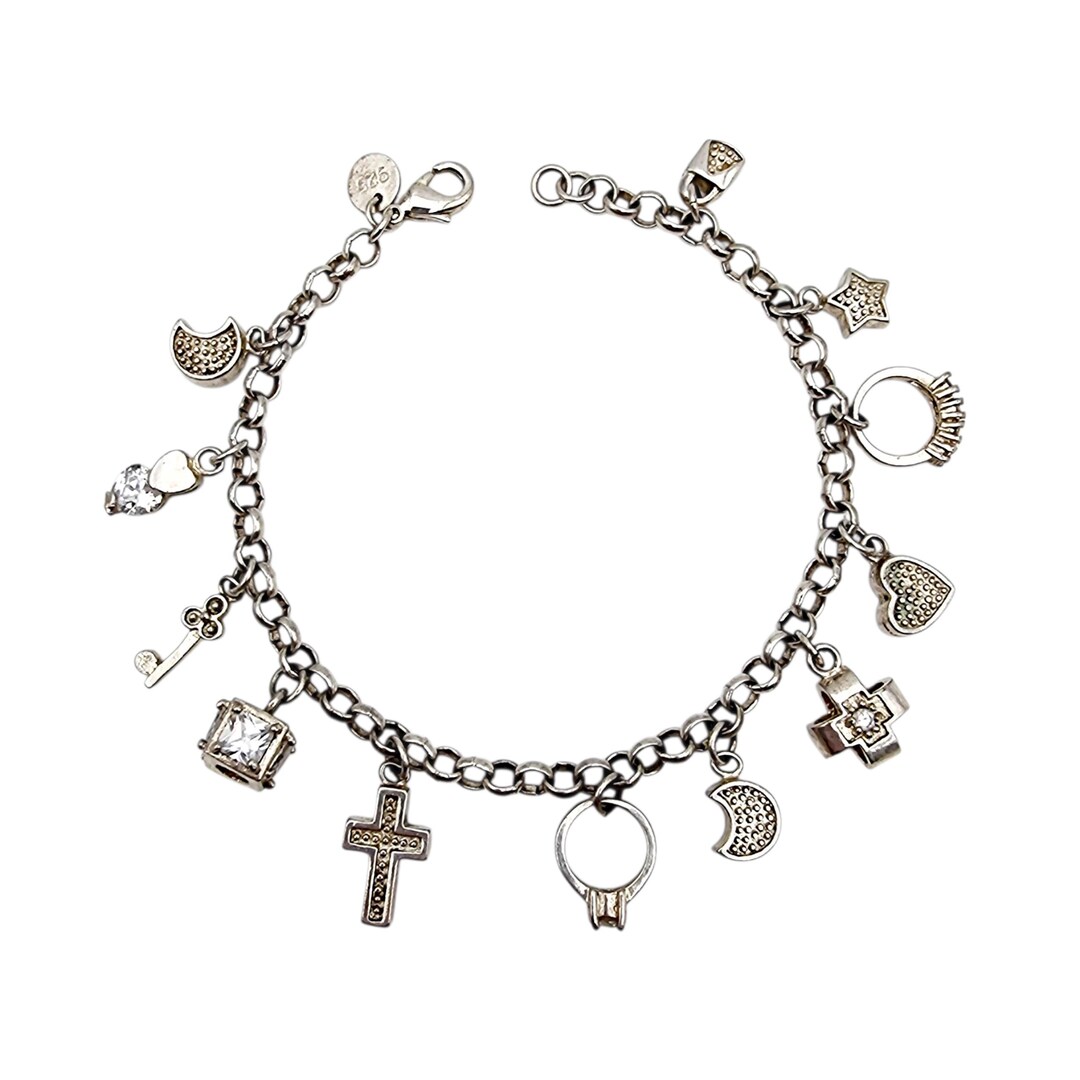 Vintage Silver Charm Bracelet With Cross, Heart, Moon & Star Charms - 925 Silver, 20 Cm-584250