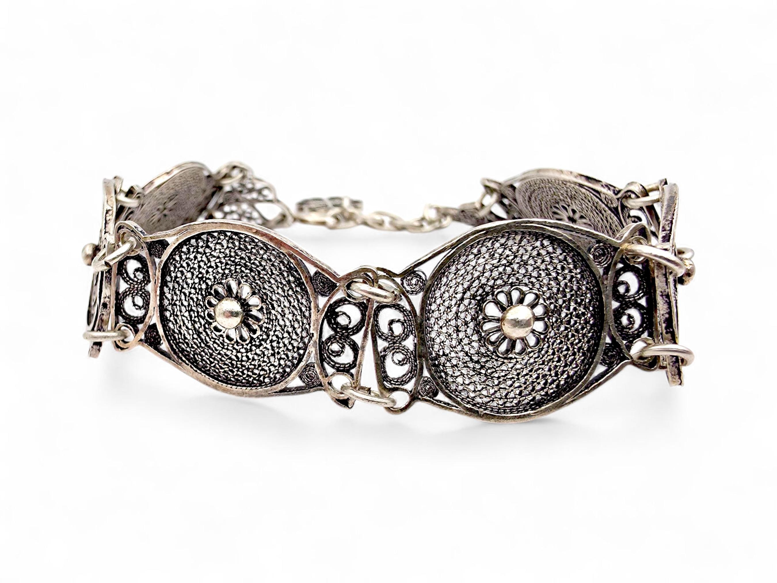 Bracelet Ancien En Argent Filigrané - Longueur 20 Cm, Largeur 2,1 Cm - Occasion Nettoyé, Style Vintage