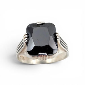Vintage Sterling Silver Black Onyx Signet Ring - Art Deco Style Striped Enamel Men's Statement Band - EU 65.5 (US 11.25)