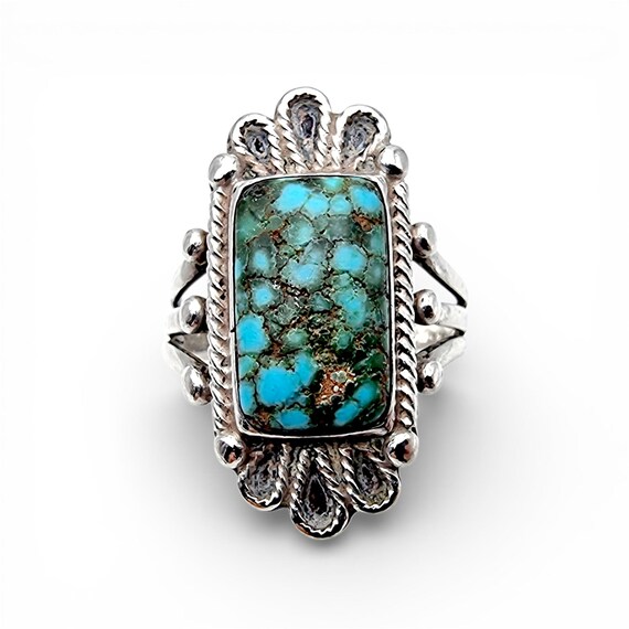 Vintage Silver Turquoise Ring Rectangular Cabocho… - image 6