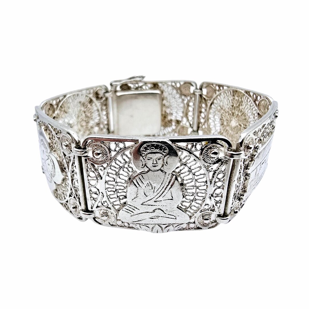 RARE Vintage Japanese Silver Panel Bracelet With Buddhist Motifs