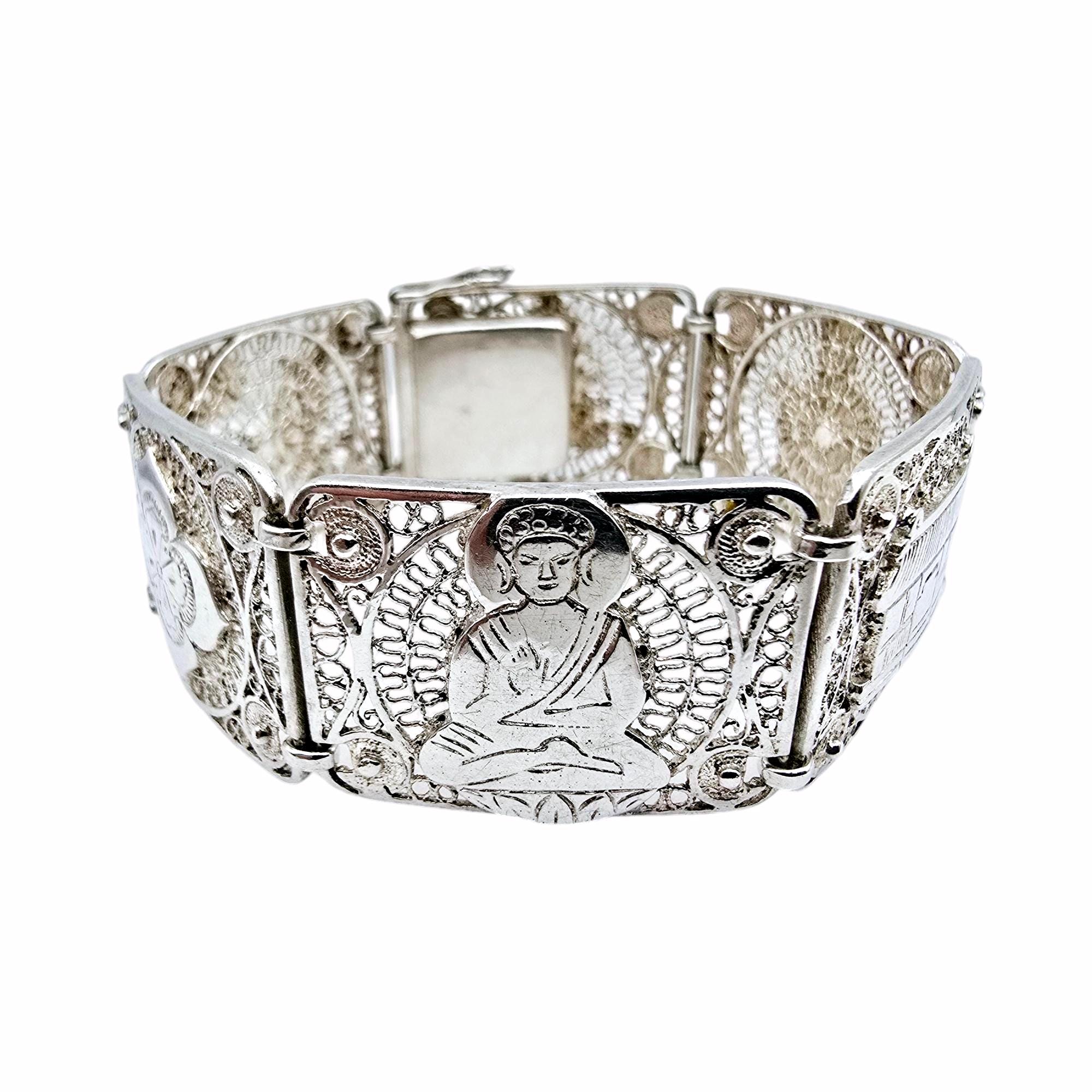 RARE Vintage Japanese Silver Panel Bracelet With Buddhist Motifs