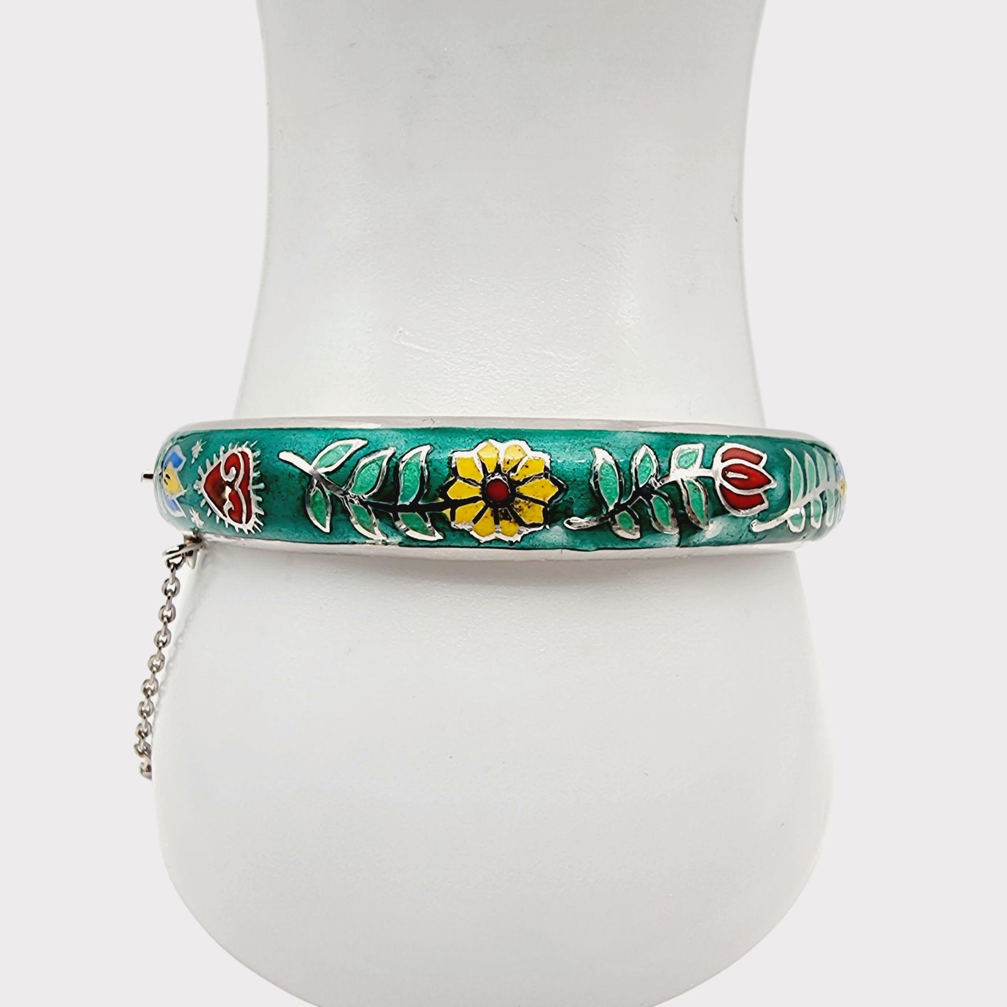 Bracelet Jonc émaillé Vintage Années 70 - Motifs Floraux Rouge, Diamètre 68mm