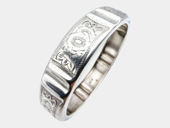 アンティーク スターリングシルバー 花柄彫刻バングルブレスレット