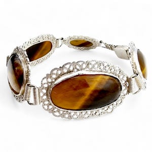 Vintage Silver and Tiger's Eye Filigree Bracelet - Mid Century Ornate Statement Piece