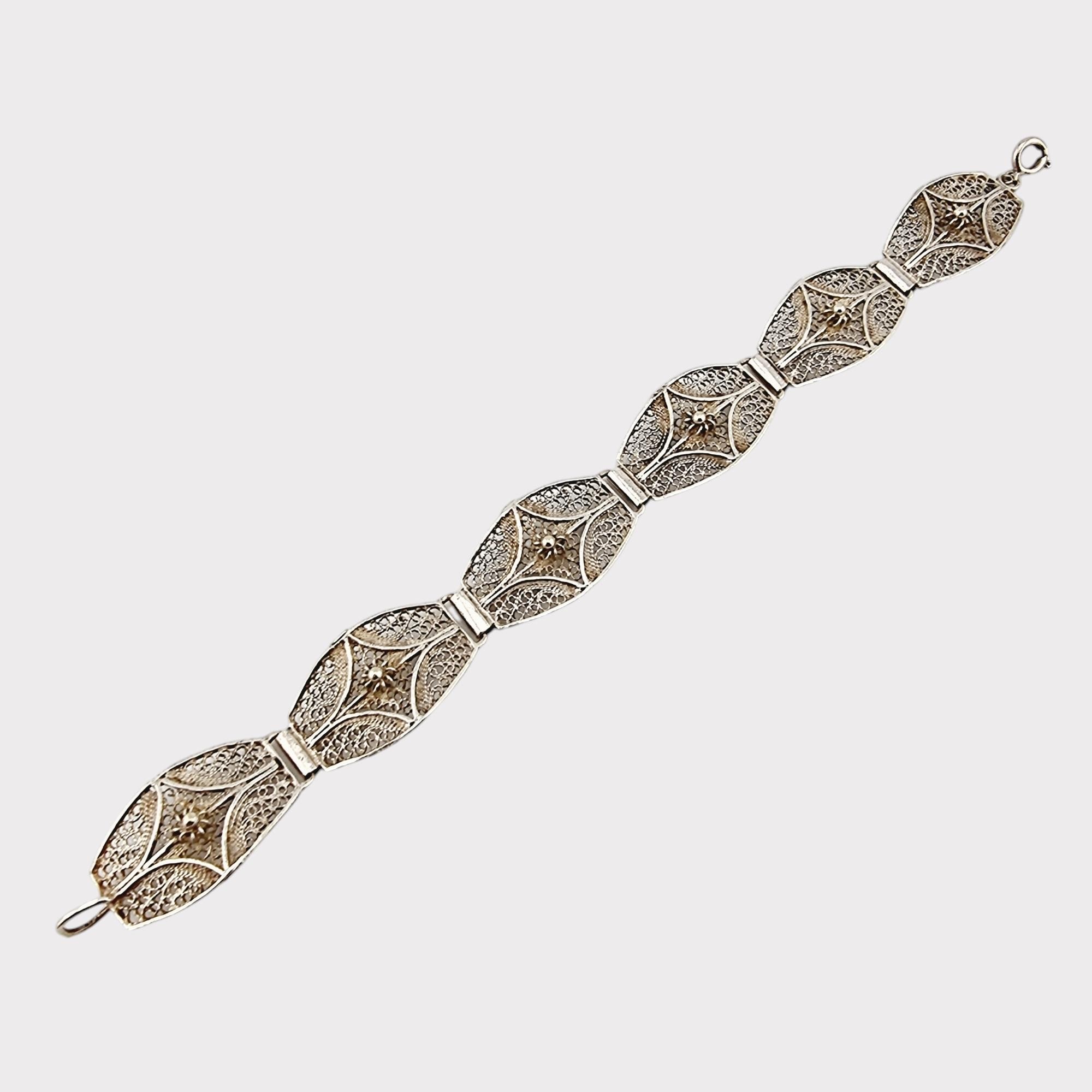 Bracelet Floral Argenté Vintage - Argent Poinçonné, Filigrane, Turquoise Imitation - Occasion
