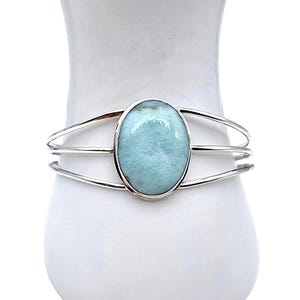 Vintage Silver Cuff Bracelet with Larimar Stone | 925 Silver Adjustable Bangle | Handmade Boho Caribbean Jewelry