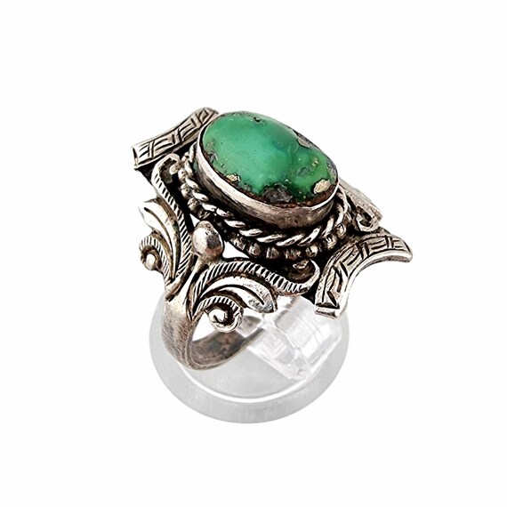 Bague Ancienne En Argent Avec Pierre Bleu-vert - Taille 48, Poids 1,55 Grammes - Très Bon état