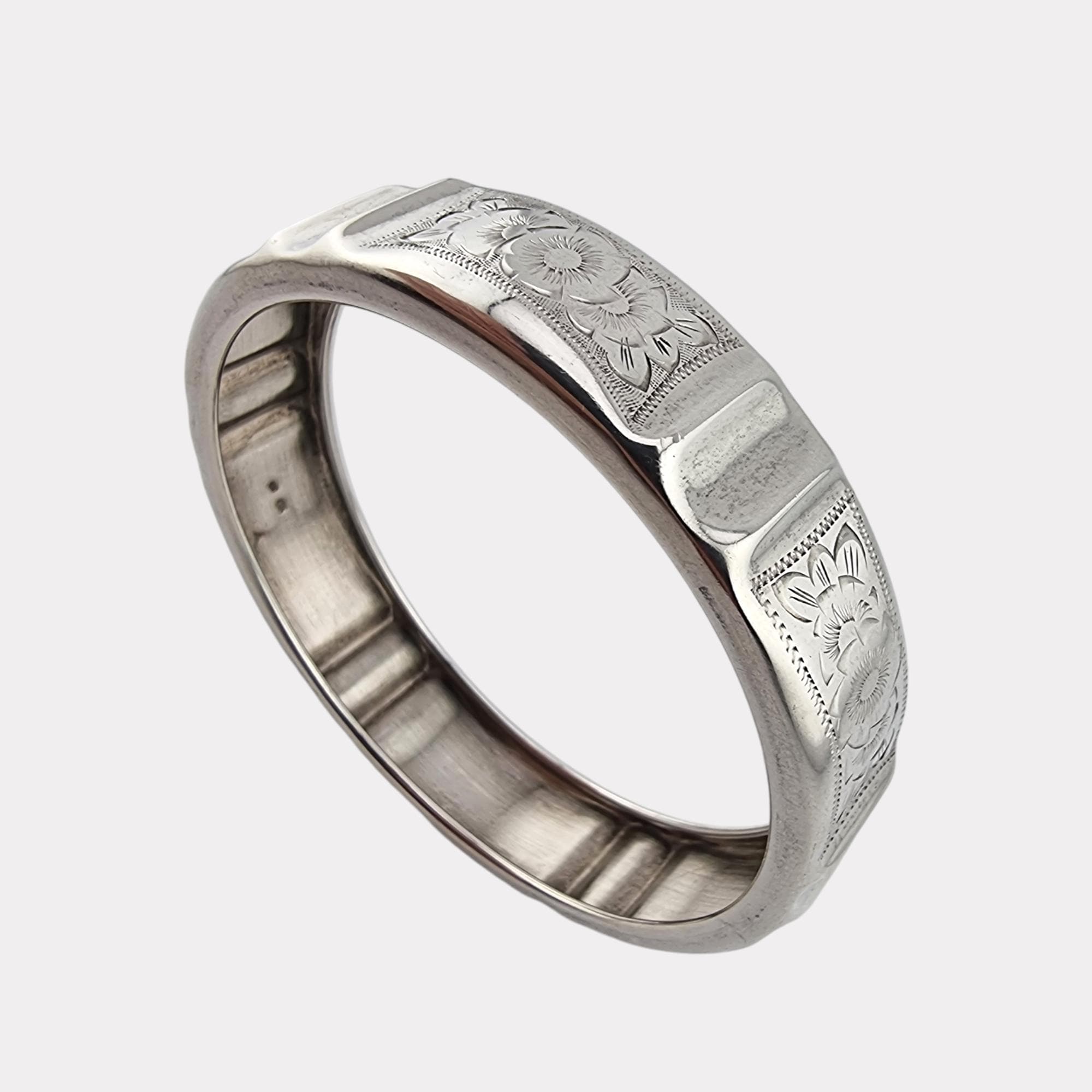 アンティーク スターリングシルバー 花柄彫刻バングルブレスレット