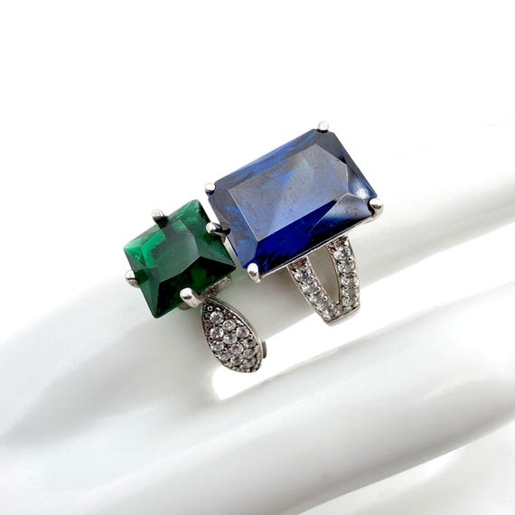 Bold Silver Statement Ring Set with Blue & Green … - image 2