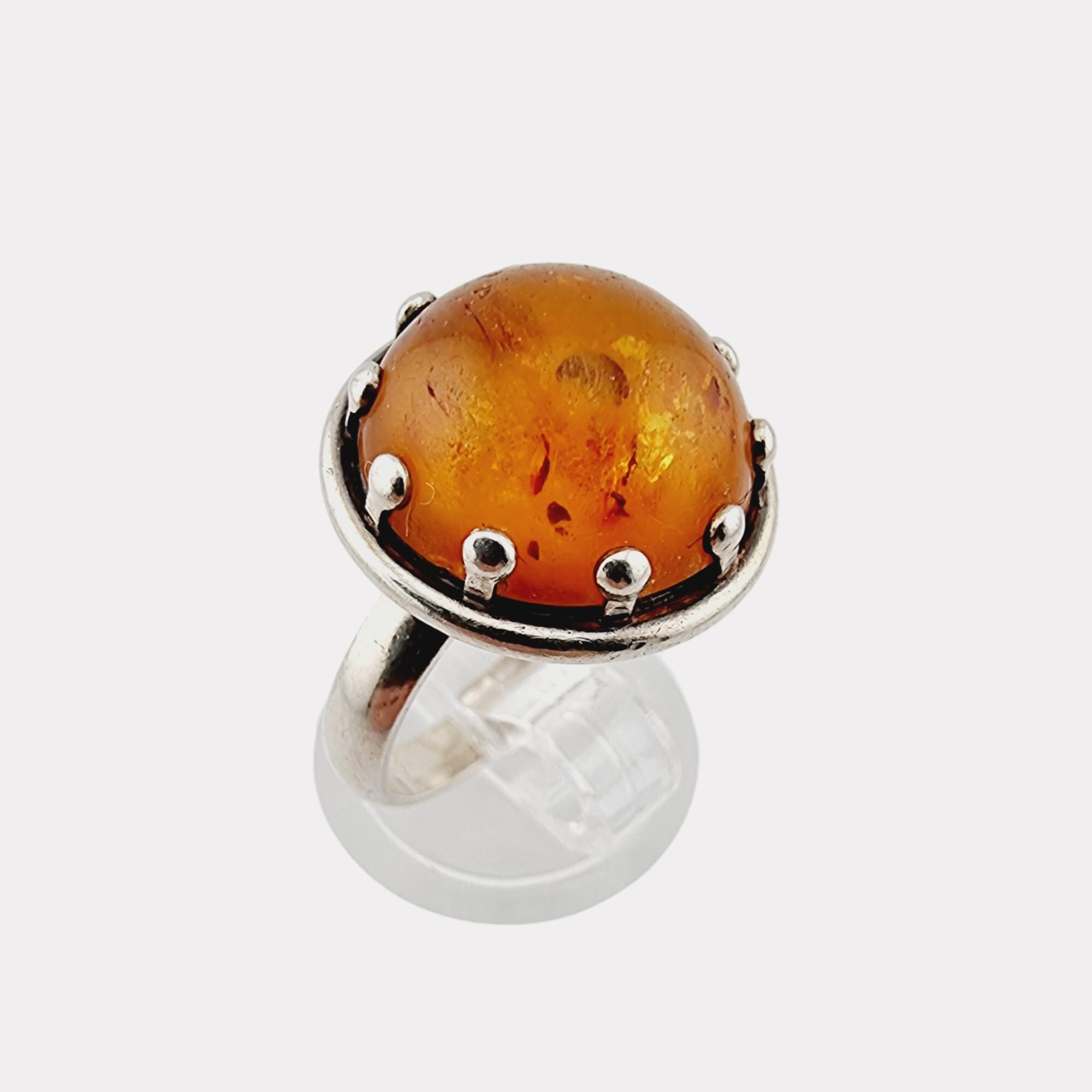 Bague En Argent Massif 835 Avec Ambre Baltique – Neuve Et Poinçonnée – Taille 52