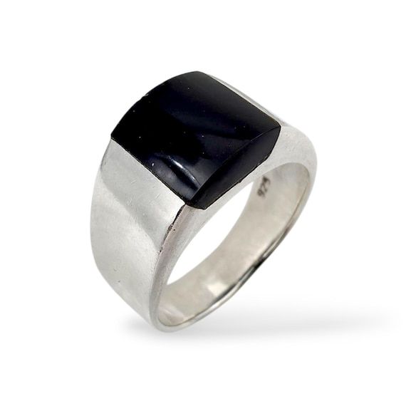 925 Silver Black Onyx Ring | Modernist Square Signet Ring Size EU