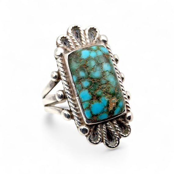 Vintage Silver Turquoise Ring Rectangular Cabocho… - image 1