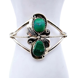 Vintage Navajo Silver Cuff Bracelet with Turquoise and Malachite Stones, Native American Style by E. Largo