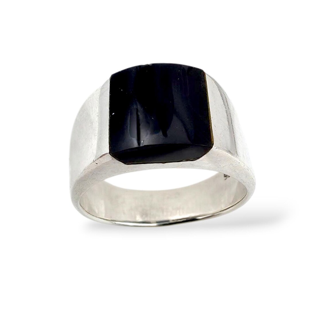 925 Silver Black Onyx Ring | Modernist Square Signet Ring Size EU