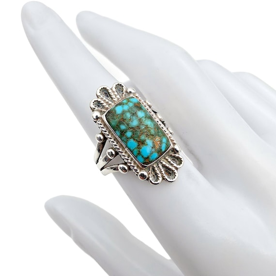 Vintage Silver Turquoise Ring Rectangular Cabocho… - image 3