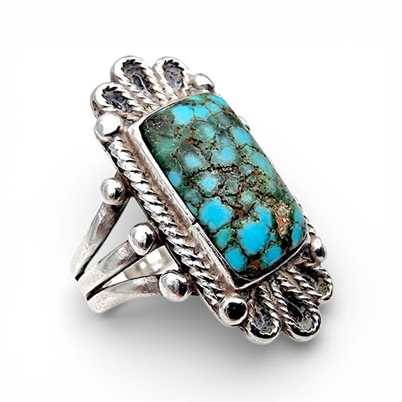 Vintage Silver Turquoise Ring Rectangular Cabocho… - image 7