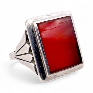 Vintage Art Deco Silver Ring with Rectangular Carnelian Gemstone, Size 68