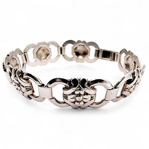 Pulsera de eslabones con escudo floral de plata vintage, aprox. Década de 1960-70, 16 cm