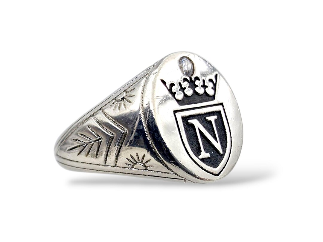 Sterling Silver Heraldic Signet Ring With Crown and Letter N