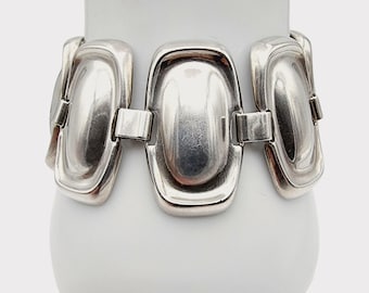 Vintage Designer Sterling Silver Link Bracelet – Heavy 70g Modernist Panel Cuff, 17 cm, 1960s-1970s