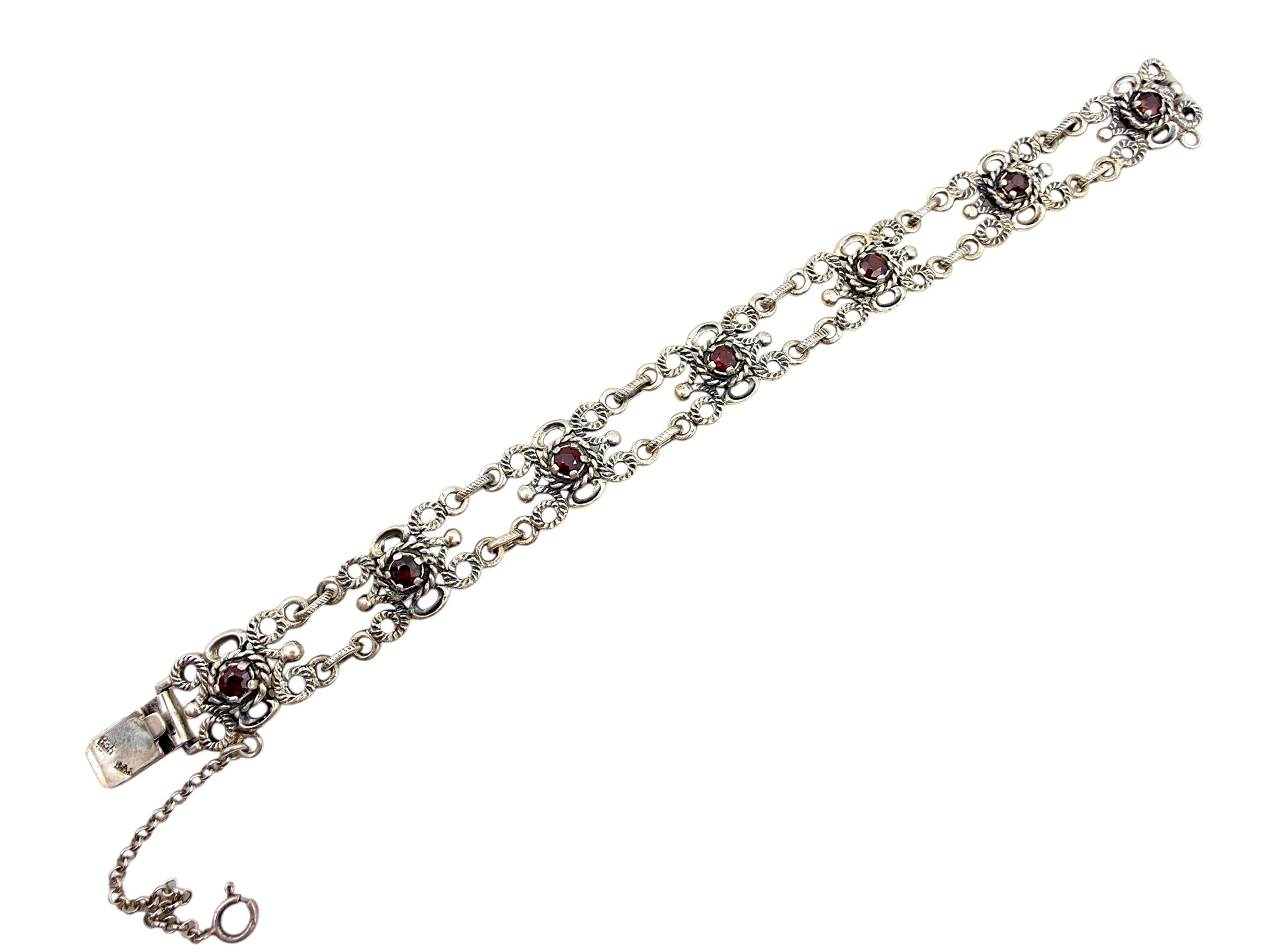 Vintage BAS 835 Silver Garnet Bracelet | Ornate Filigree Double Vintage BAS 835 Silver Garnet Bracelet | Ornate Filigree Double