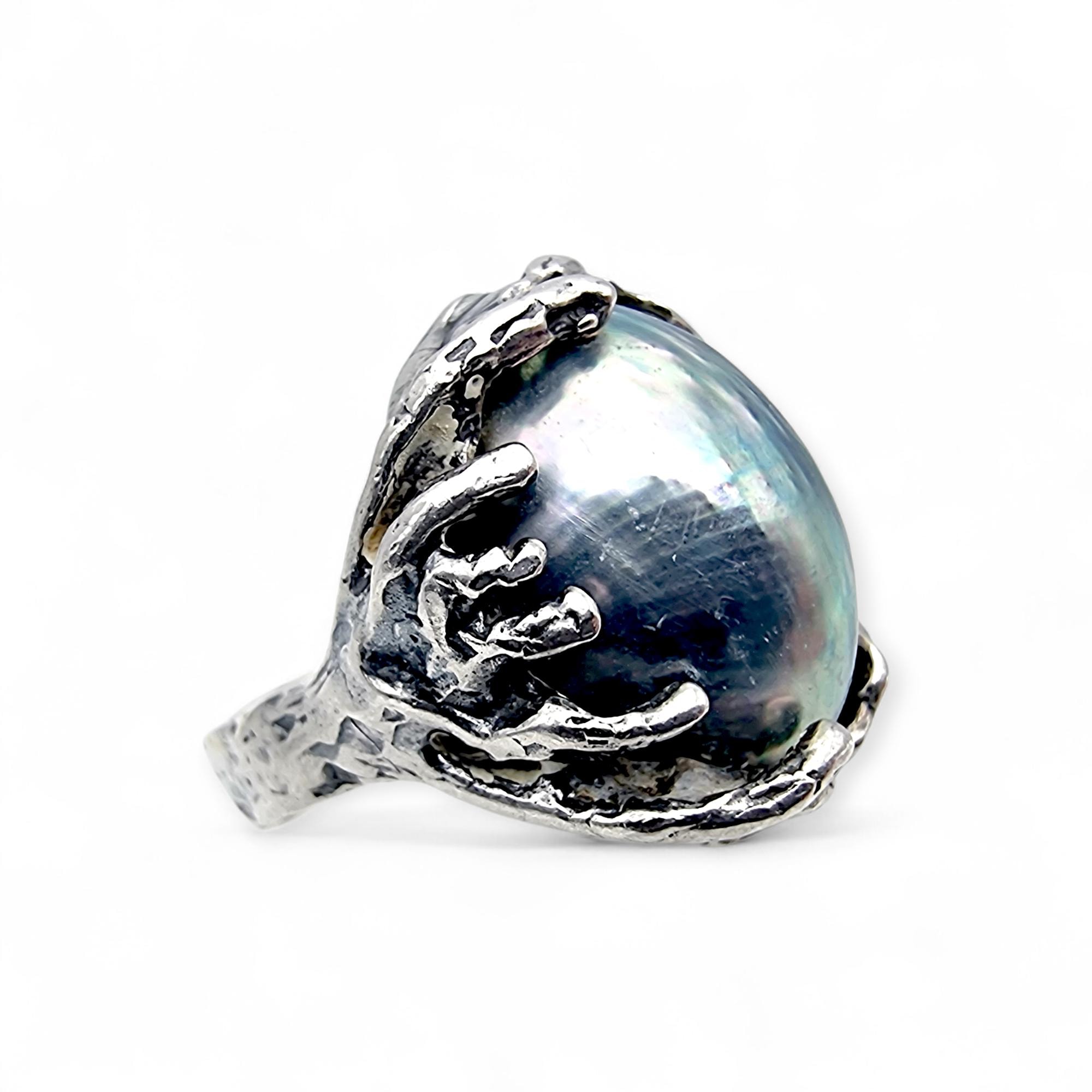 Vintage Silver Gray Mabe Pearl Ring Brutalist Organic Setting 925