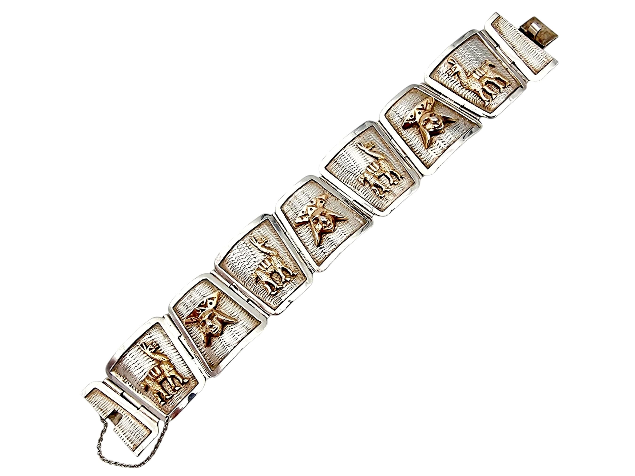 Vintage Peruvian Silver Bracelet With Gold-tone Llama & Andean