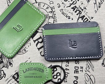 Leather Card Wallet – Blue & Green with matching Keychain - Custom Engraving