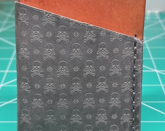 Leather Minimalist Card Holder w/ Skull & Flower Pattern - Handmade Wallet for Men and Women