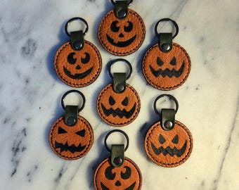 Handmade Leather Jack-o-Lantern Keychain | Halloween Pumpkin Bag Charm