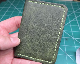 Handmade Emerald Green Leather Bifold Card Wallet, Minimalist Front Pocket ID Holder