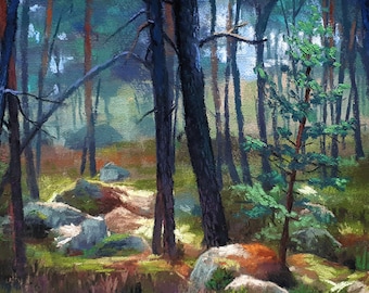 Original pastel painting 6x11 of Larchant's forest in France by Alexandra Wozniak psec