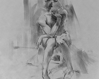 Charcoal Sketch Figure Drawing 16x20 of a pensive woman sitting by Alexandra Wozniak