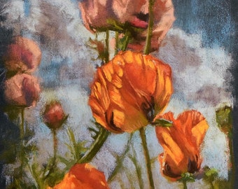 Original pastel painting 9x13 of a poppy field by Alexandra Wozniak psec