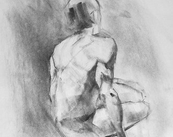 Charcoal Sketch Figure Drawing 16x20 of a man sitting foggy soft by Alexandra Wozniak