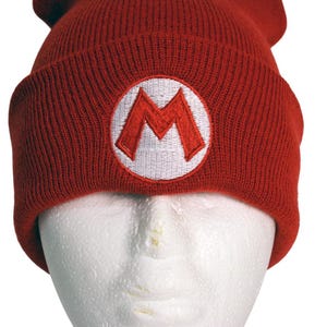 Embroidered Mario Beanie: Red Video Game Hat