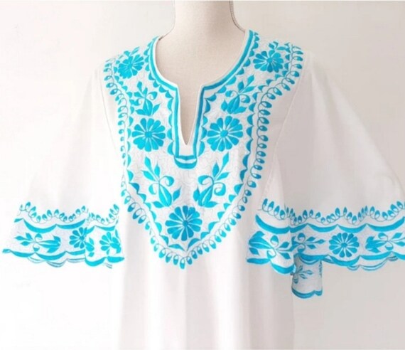 Vintage White Embroidered Cotton Blend Caftan - image 2