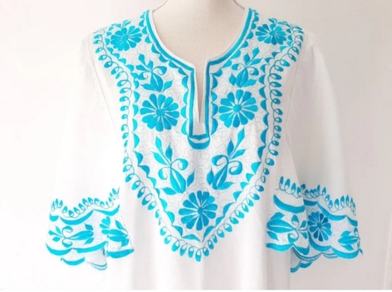 Vintage White Embroidered Cotton Blend Caftan - image 7