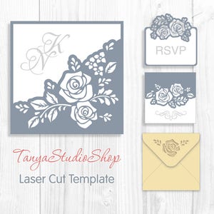 Einladung 4 in 1 - SVG, Ai, KRS, Eps - Einladung, RSVP, Info einfügen, Umschlag - Rosen - Laser - Cameo - Cricut - sofort-Download 038